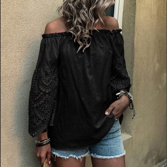 Boho Off Shoulder Eyelet Embroidery Frill Top Blouse White - Picture 10 of 15